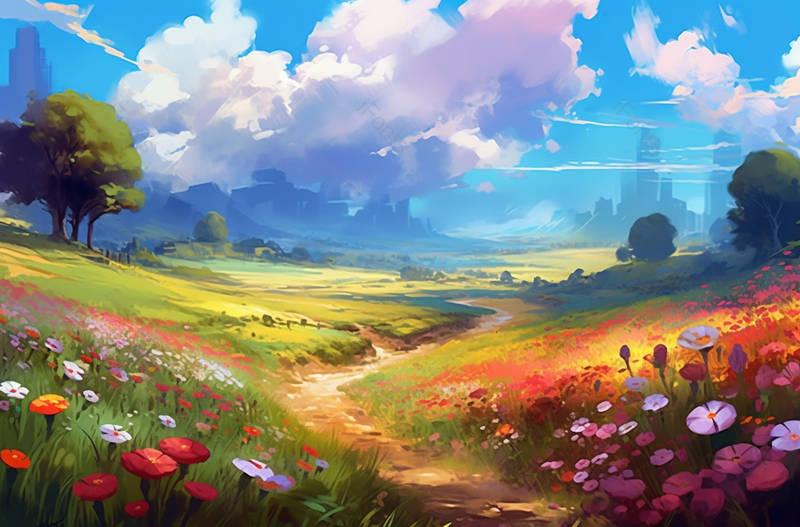 春天季节天气晴朗阳光明媚蓝天白云下一片绿色的开着鲜花的草地和小道小路背景插画,插画/手绘图,插画/手绘图库,插画/手绘图下载,插画/手绘